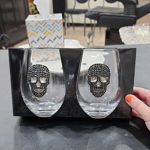 RHINESTONE SKULL EMBELLISHED STEMLESS WINE GLASSES